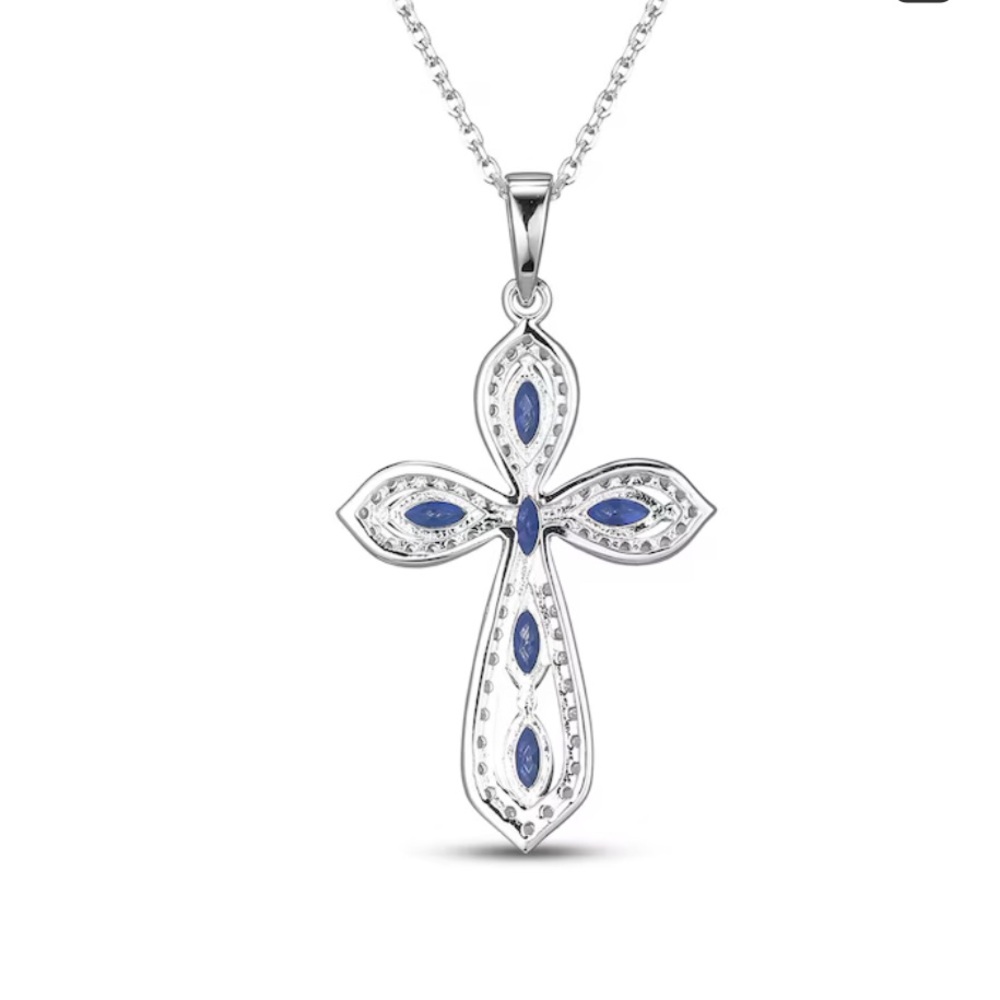 Marquis-cut Blue & White Sapphire Cross Necklace -Sterling Silver Authentic
-18” - Picture 15 of 15